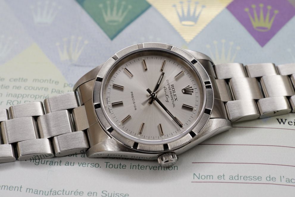 Rolex Oyster Perpetual Air-King 34mm Engine Turned bezel Silver Dial Box & papers