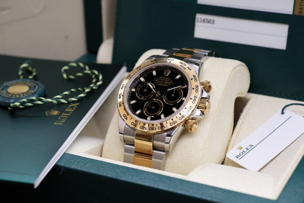 Rolex Daytona SS/ Gold 18kt Black dial TAG B/p Full set