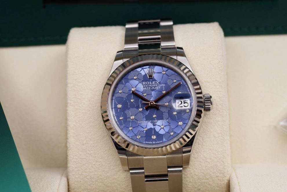 Rolex Datejust 31 Ref. 278274 Blue flowers / diamonds dial White Gold bezel Full set b/p