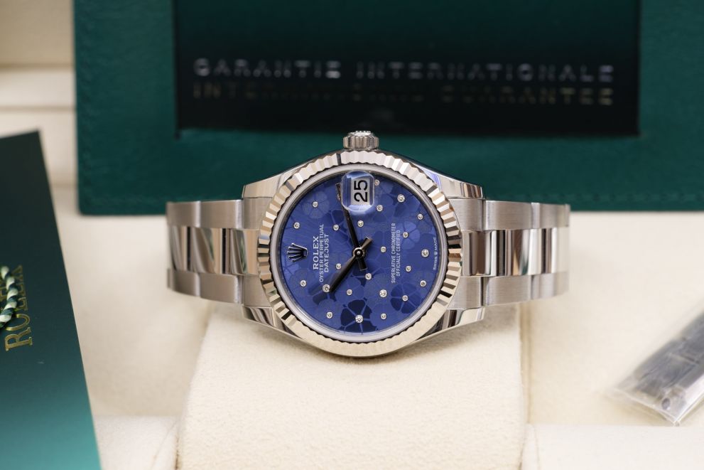 Rolex Datejust 31 Ref. 278274 Blue flowers / diamonds dial White Gold bezel Full set b/p